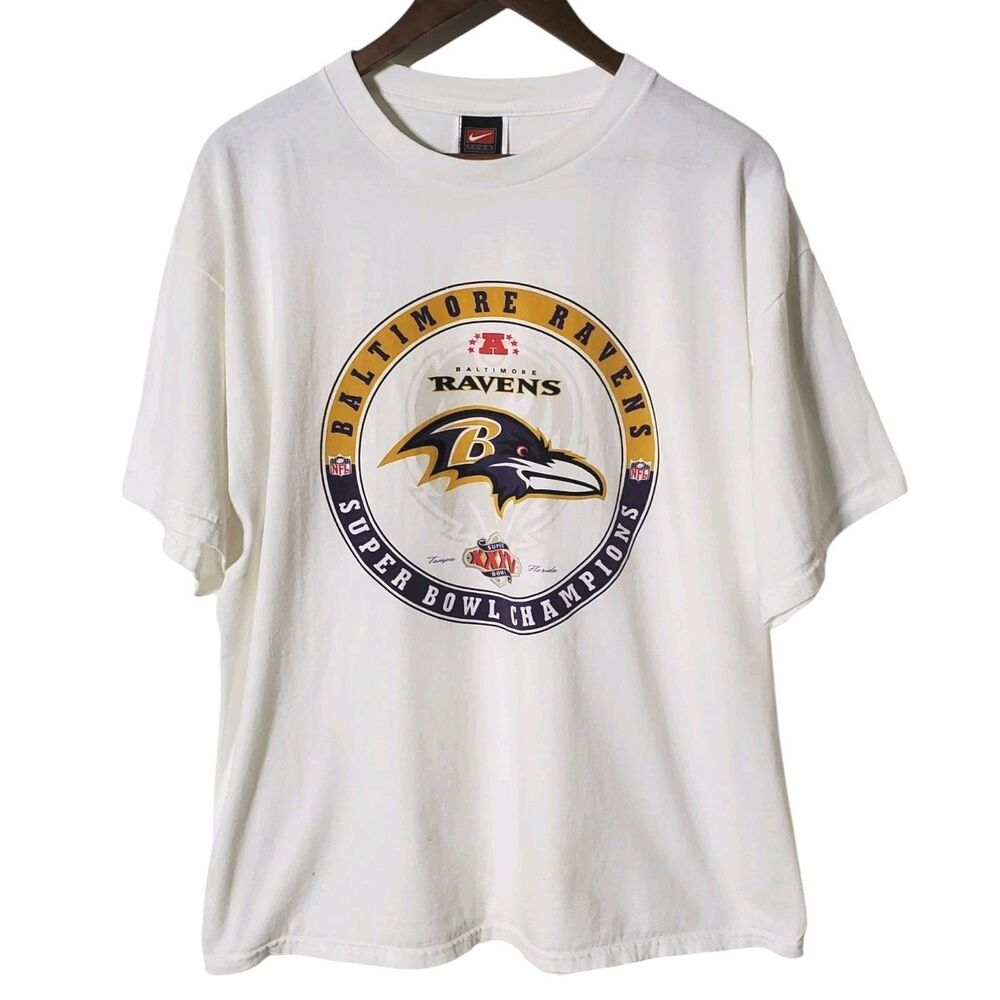 Vintage Nike Baltimore Ravens NFL Super Bowl XXXV Graphic T-Shirt L Boxy Mens